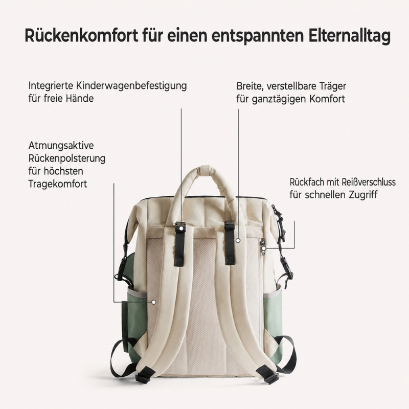 Beschriftete Rückansicht des Wickelrucksacks mit gepolsterten Trägern, Rückenpolster und Haken für den Kinderwagen