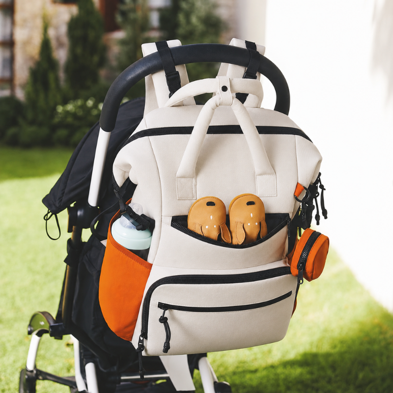 Wickelrucksack in Creme und Apricot am Kinderwagen im Garten, mit Trinkflasche im seitlichen Fach