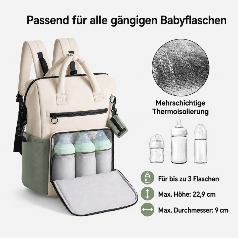 Geöffnetes isoliertes Flaschenfach des Wickelrucksacks mit drei aufrecht stehenden Babyflaschen