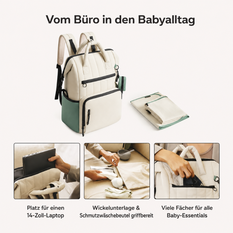Infografik: Wickelrucksack in Creme und Grün mit Laptopfach, Wickelunterlage und Wäschebeutel für Büro und Babyalltag