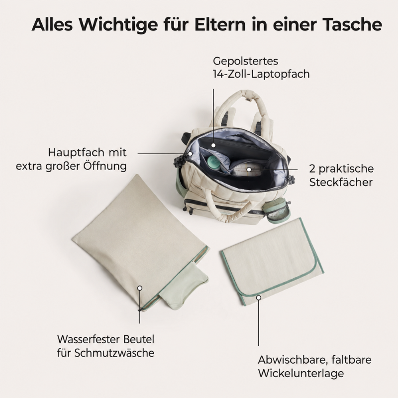 Infografik zur Innenaufteilung: geöffneter Wickelrucksack mit Laptopfach, Steckfächern, Wäschebeutel und Wickelunterlage