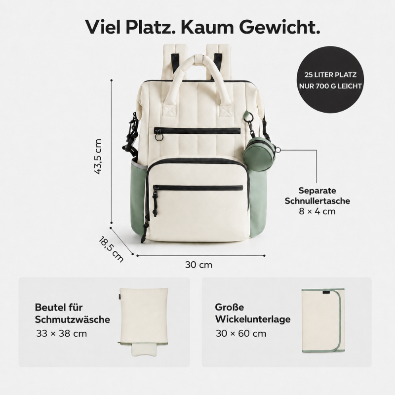 Maßgrafik des Wickelrucksacks: 43,5 cm hoch, 30 cm breit, 18,5 cm tief, 25 Liter Volumen