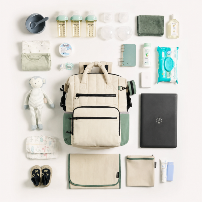 Große Wickeltasche als Rucksack in Creme und Grün, drumherum Windeln, Wechselkleidung, drei Flaschen und Laptop