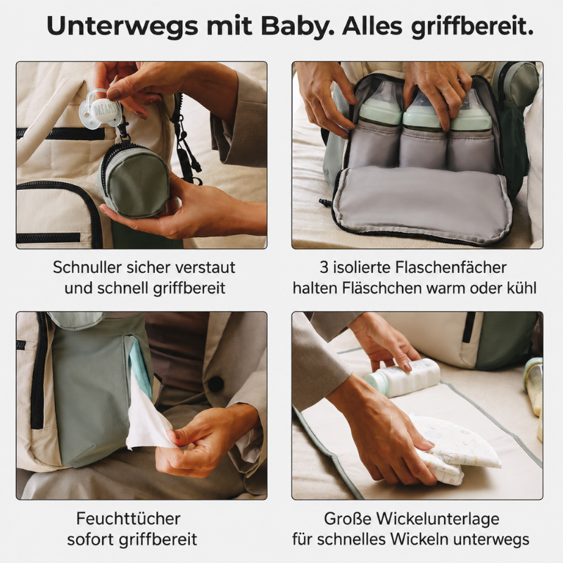 Infografik mit vier Anwendungen: Schnullertasche, Flaschenfach, Feuchttuchfach und Wickelunterlage unterwegs